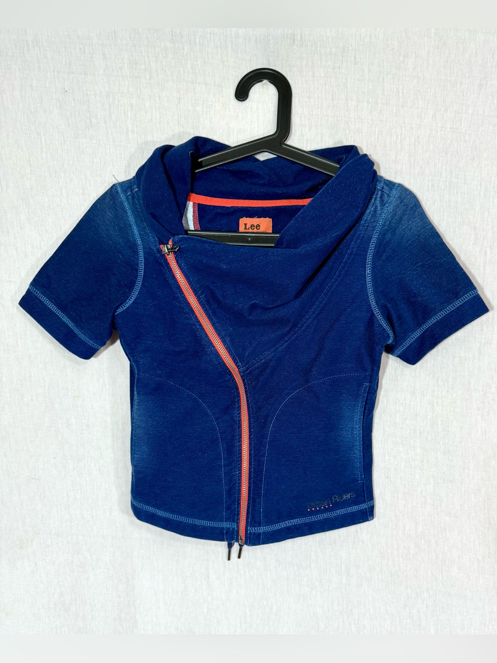 Lee Size S Denim Look Short Sleeve Zip Top With Coral Zipper